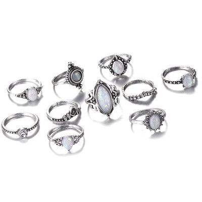 

New Design Vintage Opal Knuckle Rings Set For Women Boho Geometric Pattern Flower Rings Party Bohemian Jewelry