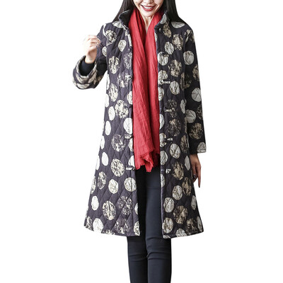 

Toponeto Women Winter Warm Flora Print Cotton Linen Coat Warm Long Jacket Overcoat