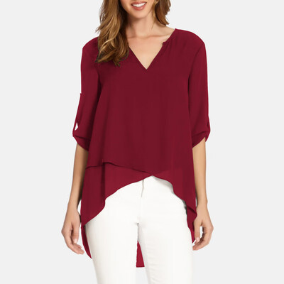 

Fashion Womens Tops Shirt V-Neck Short Sleeve Irregular Hem Casual Loose Blouse