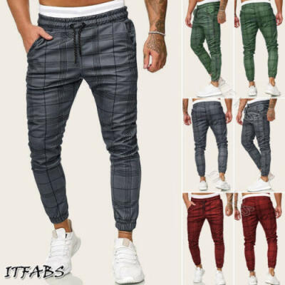

Designer Mens Casual Skinny Stretch Slim Fit Chinos Gray Check Tartan Trousers