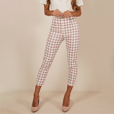 

Womens Plus Size Retro Plaid Bottom Pants Slim Casual Long High Waist Trousers