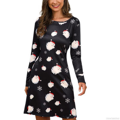 

Round Neck Long Sleeve Christmas Cartoon Print Loose Casual Dress
