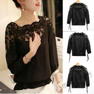 

New Fashion Summer Lady Lace Womens Long Sleeve T-shirt Casual Top Blouse -XXL