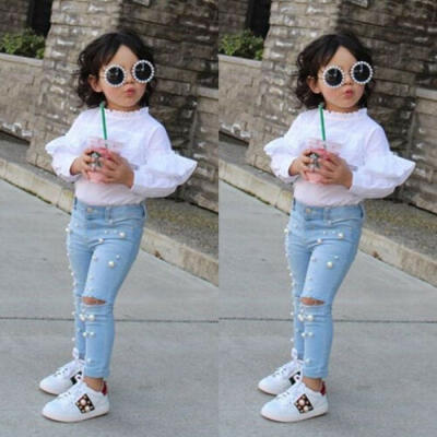 

2019 Kids Girls Summer Casual Shredded Hole Jeans Denim Pants Elastic Trousers