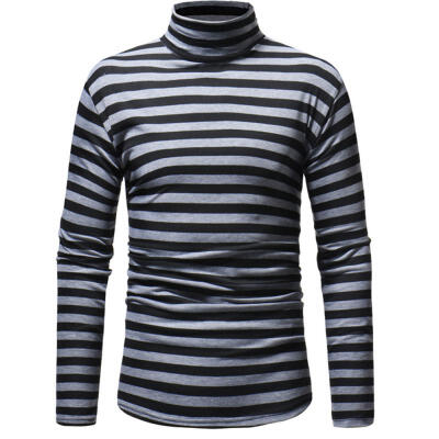 

Autumn Winter Stand Collar Striped Long-Sleeve Mens T-Shirt Casual Male Base Shirt Top Tee