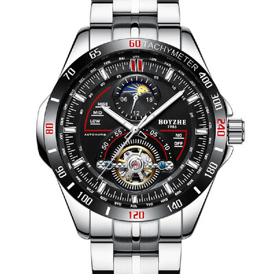 

BOYZHE WL019-P Business Men Automatic Mechanical Watch Moon Phase Time Display Fashion Casual Luminous Hands Leather Strap 3ATM Wa