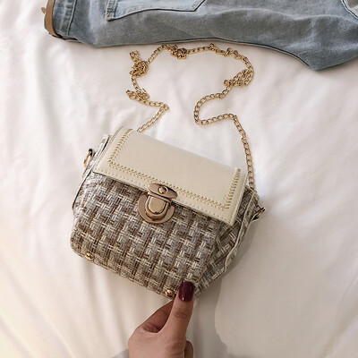 

2019 new simple contrast color woven bag fashion casual wild shoulder bag female Sen temperament chain Messenger bag