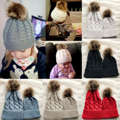 

2PCS Mother Baby Daughter Son Winter Warm Hat Family Crochet Fur Ball Beanie Cap