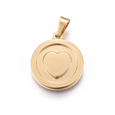 

304 Stainless Steel Pendants Large Hole Pendants Flat Round with Heart Golden 23x20x25mm Hole 7x4mm