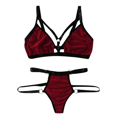 

Toponeto New Sexy Women Ring Hollow Velvet Lingerie Set Bra With Thong Bandage Underwear