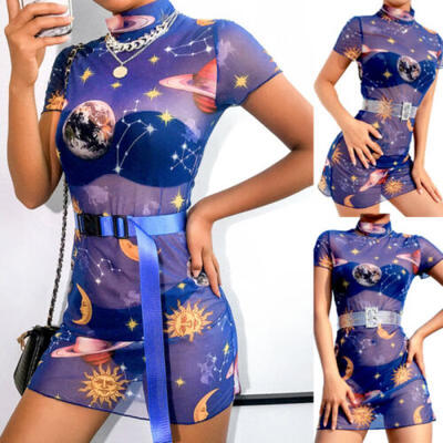 

Women Sheer Mesh Dress Summer Short Sleeve Turtleneck Evening Party Beach Dress