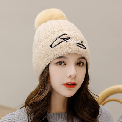 

2019 New Korean ladies fur ball letter Joker solid color wool hat warm winter pullover knitted hat tide