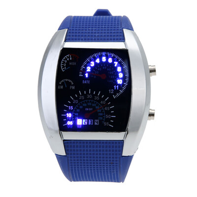 

Men Blue White LED Watch Black Rubber Speedometer Digital Wrist Watch