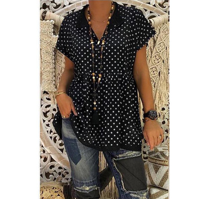 

Nomeni Women Casual V Neck Short Sleeve Dot-Intarsia Print Shirts Soild Top Vest Blouse
