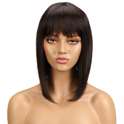 

Noble Blue Straight Human Hair Wigs With Bangs Brazilian Remy Hair Human Hair Wig Perruque Cheveux Humain Cheap Free Shipping
