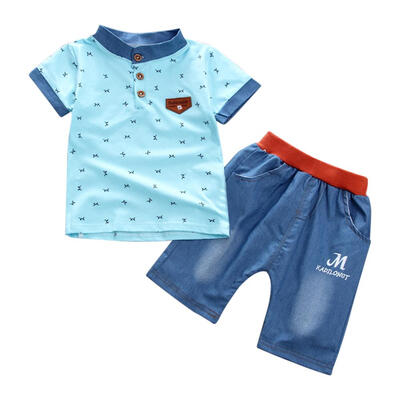 

2pcsset Kids Boy Floral Print Summer Round Neck Short Sleeve T-shirt Jeans