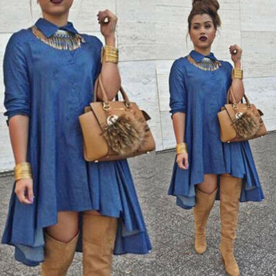 

Womens Blue Jeans Denim T-Shirt Long Sleeve Casual Loose Shirt Mini Dress