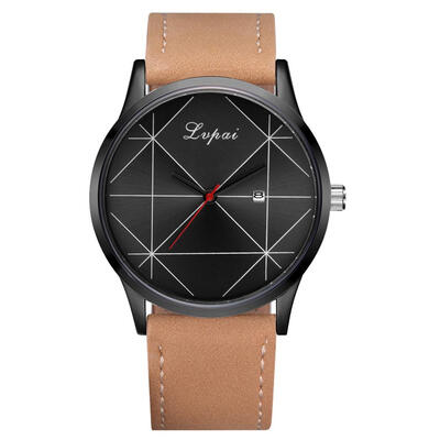 

Lvpai Geometric Print Dial Quartz Watch Men Leather Strap Analog Wristwatch