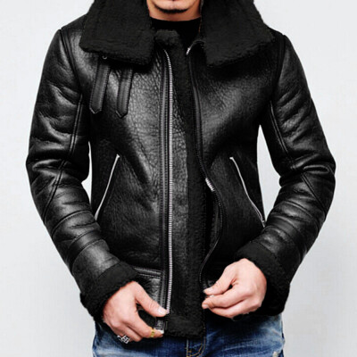 

Gobestart Men Autumn Winter Highneck Warm Fur Liner Lapel Leather Zipper Outwear Top Coat