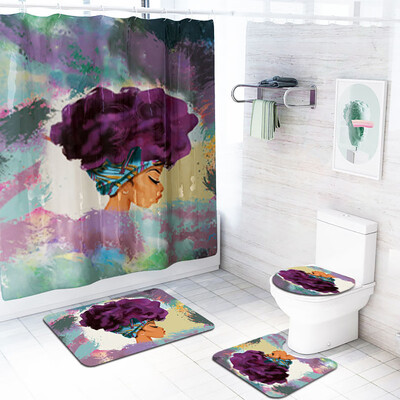 

Gobestart African Explosion Head Woman Waterproof Shower Curtain Bathroom Mat Four-piece