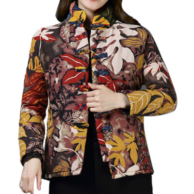 

Toponeto Women Folk-Custom Linen Print Cotton Buttons Short Coat Parka Jacket Outwear