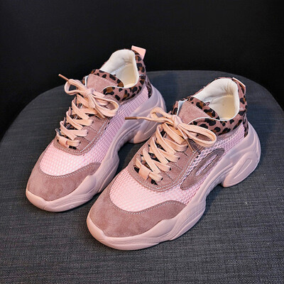 

Daddy female leopard print thick-soled sneakers spring tie with net cloth Harajuku ins super fire breathable womens shoes