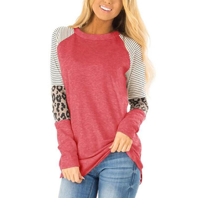 

Fashion Women Autumn Splicing Longline T-Shirt Striped Leopard Print O Neck Long Sleeve Casual Top