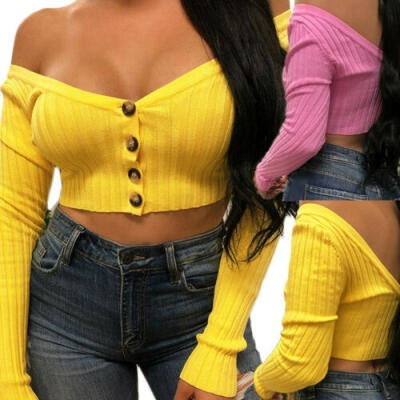 

Women Summer Off Shoulder Long Sleeve Top Casual V-Neck Knit Cardigan Crop Top
