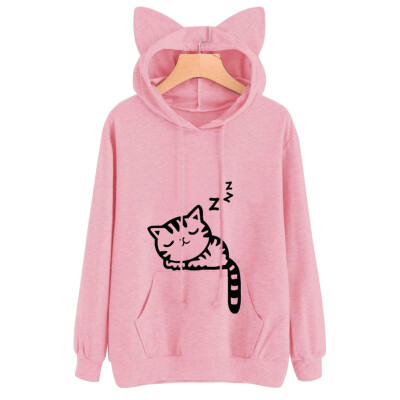 

Autumn&Winter Women Cat Print Ears Pullover Hoody Long Sleeve Sweatshirt With Hood Blazer Plus Size Tops