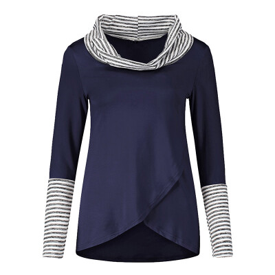 

Women T-shirt Striped Colorblock T-shirts Autumn High-neck Long Sleeves Silm Tops Fashion Casual All-match Tops Female shirts