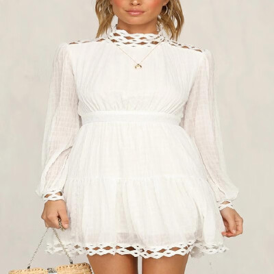 

Mock Neck Solid Long Sleeves Lattice Eyelets Overlay Shift Dress