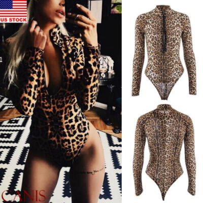 

Women Leopard Long Sleeve One Piece Swimwear Bodysuit High Cut Leotard Thong US