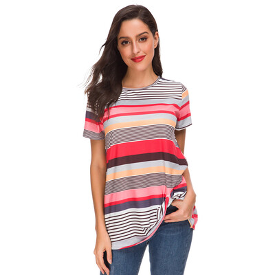 

Nomeni Women Casual Summer Fashion Unregular Stripe O-Neck Short Sleeve Blouse Tops