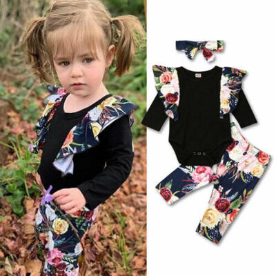 

US Newborn Baby Girl Flower Fly-Sleeve Ronper Bodysuit Pants Autumn Clothes 3PCS