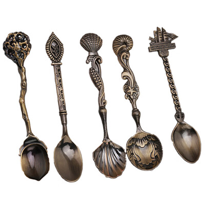 

5pcsset Vintage Royal Style Bronze Carved Small Coffee Tools