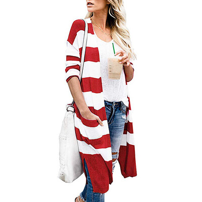 

Toponeto Fashion Women Autumn And Winter Cardigan Pocket Striped Sweater Jacket Coat