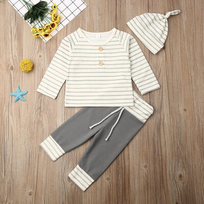 

Infant Baby Boys Long Sleeve Stripe Autumn Clothes Cotton Tops T-shirt Leggings Pants Hat Outfit Set