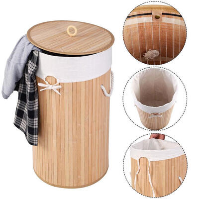 

Round Bamboo Hamper Laundry Basket Washing Cloth Storage Bag Lid Natural