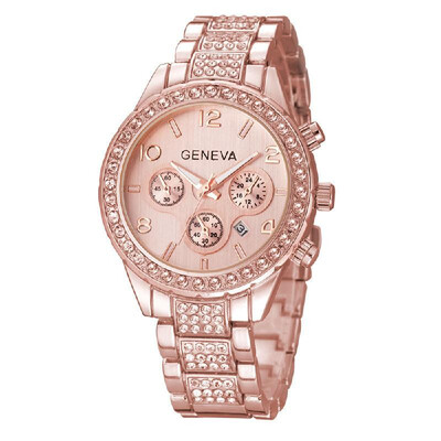 

Luxury Business Skeleton Women Watch Fashionable Crystal Calendar Watch Wristwatch with Three Sub-dials Stainless Steel Strap Band