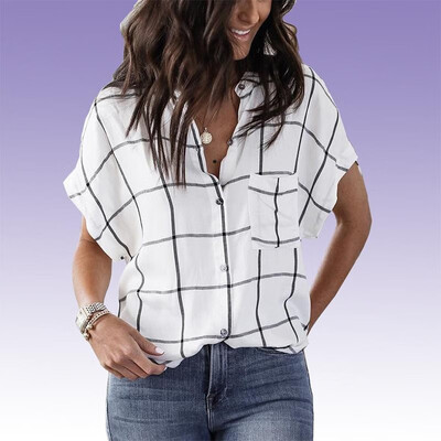 

2019 European&American womens cross-border summer new white stand collar bat sleeves loose short-sleeved plaid shirt top whit