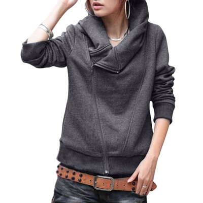 

Stylish Turn-Down Neck Long Sleeve Zippered Solid Color Women\s Hoodie