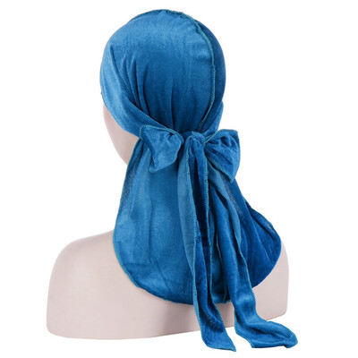 

Men Women Unisex Winter Velvet Solid Color Turban Hat Extra Long Tail Wide Straps Pirate Head wrap Biker Hair Cover
