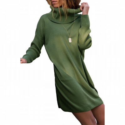 

High-neck long-sleeved wool rib knit mid-length sweater dress