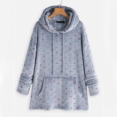 

Womens Fashion Polar Fleece Polka Dot Pocket Sweater Tops Hooded Long Sleeve