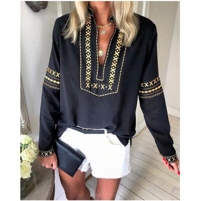 

Starmoon Womens Loose Long Sleeve National Style Print Tops Blouse