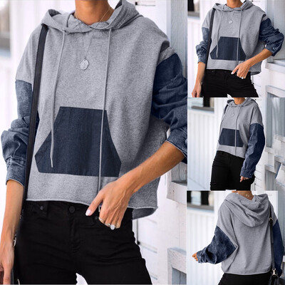 

Tailored Women Casual Full Sleeve Denim Splicing Hooded Pullover Loose Street Blouse