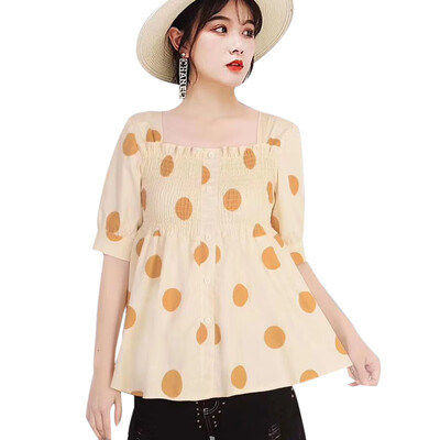 

Women Blouse Fashion Polka Dot Print Short Sleeve Shirt Casual Loose Square Collar Button Ruffles Blouses Basic Tops