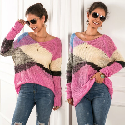 

〖Follure〗Women Casual Winter V Neck Knitting Splice Loose Jumper Tops Blouse Sweater