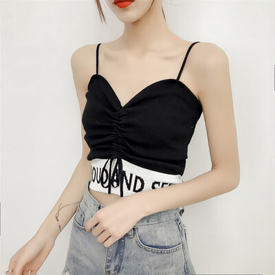 

Womens Sexy Drawstring Letter Print Sleeveless Pullover Knitted Crop Top Camisole