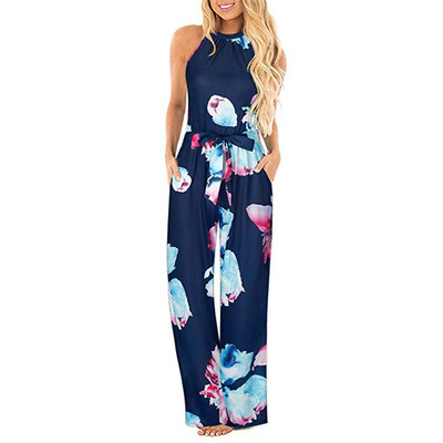 

Starmoon Womens Halter Neck Sleeveless Floral Long Jumpsuit Loose Belted Pocket Jumpsuit